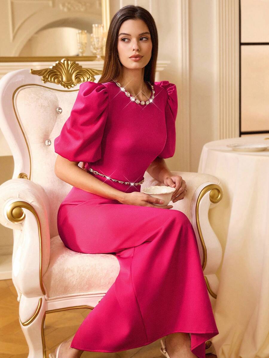 Revavyn 2pcs/Set Autumn British Style Fringe Beaded Collar Puff Sleeve Cropped Top + Skirt For Women - Hot Pink - View 1