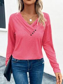 SHEIN LUNE 女士纯色V领落肩长袖纽扣设计休闲T恤 - 玫紅色 - 查看 4