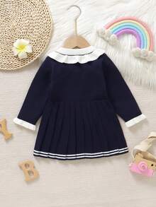 Vestido de suéter azul marino para niñas bebés, vestido de princesa de punto con cuello, cintura y falda plisada, vestido azul real para bebé, vestido de manga larga para bebé niña, uniforme escolar para niñas de 24 meses, vestidos cálidos para bebé niña, vestido azul marino de marinero para bebé, vestidos de invierno para bebé niña, ropa de bebé niña para primavera y otoño, vestido de otoño para bebé niña - Azul Marino - Ver 2
