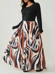 Nubod 大码女式圆领长袖拼接图案印花下摆休闲连衣裙 - 彩色 - 查看 7