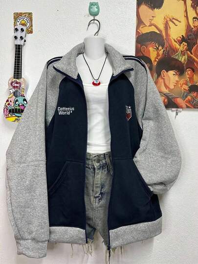 Lalippa Plus Size Women's Letter Print Contrast Color Raglan Sleeve Zip Front Casual Sweatshirt