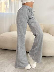 SHEIN Tall 女士休闲灰色针织弹力腰喇叭裤 - 灰色 - 查看 1