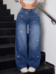 SHEIN Tall Calça jeans feminina de cintura alta com bolsos de strass, pernas largas e modelagem solta, ideal para festas de Natal, inverno e Ano Novo. - Lavagem escura - Ver 4
