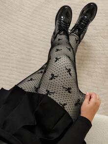 SHEIN CURVE+ 秋冬大码女式透明蝴蝶结网眼衬里紧身裤 - 黑色 - 查看 8