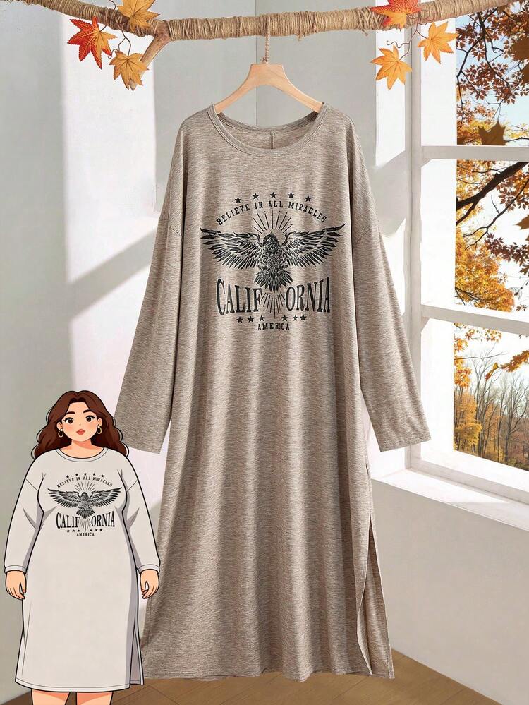 Plus Size Casual Letter & Eagle Print Long Sleeve Dress, Autumn Winter Clothes For Women Country Style For Women Country Concert Outfit