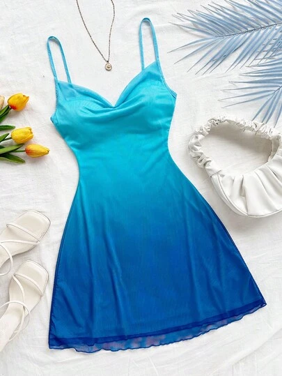 Soleia Vestido corto de mujer con tirantes finos y cuello drapeado en degradado de color, adecuado para la playa, el estilo occidental, festivales de música, vacaciones de verano y estilo bohemio