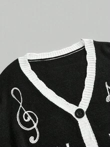 ROMWE Kawaii Áo khoác len cardigan tay dài cài nút họa tiết nốt nhạc mùa thu dành cho nữ - màu đen - Xem 5