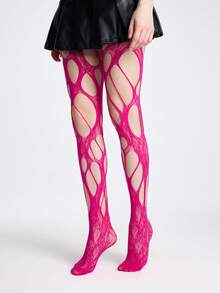 ROMWE Goth Sexy Lady Ripped Fishnet Black Tights - Ripped rose red - View 3