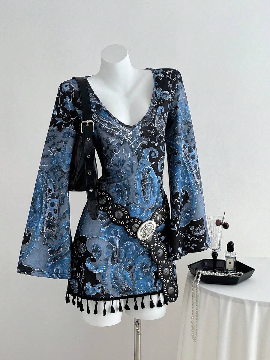 Elamini 女士短款针织连衣裙，波西米亚风腰果花图案，蕾丝拼接，喇叭长袖，休闲/日常通勤 - 藍色 - 查看 1