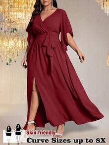 SHEIN CURVE+ 大码女式纯色修身V领喇叭袖系带腰部褶饰开衩优雅派对连衣裙 - 酒紅色 - 查看 3