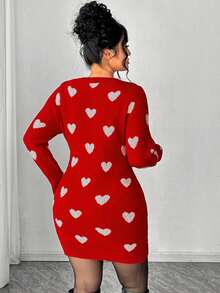 Elenzga Váy len ôm dáng cổ tròn tay dài màu đỏ ôm sát, họa tiết trái tim jacquard thời trang lãng mạn ngọt ngào đa năng cho ngày lễ tình nhân, mùa thu/đông - Nhiều màu - Xem 2