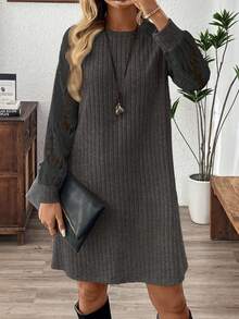 EMERY ROSE Plus Size Solid Color Minimalist Casual Round Neck Long Sleeve Dress - Black - View 1