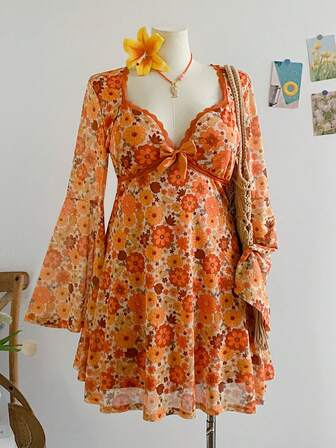 Soleia Plus Size Women Floral Print Lace Trim Butterfly Sleeve Mini Dress, Suitable For Vacation, Autumn/Winter