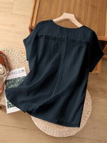 Linhara Blouse ample et décontractée pour femmes grandes tailles, en splice au crochet coloré avec col cranté à manches courtes. Style mode polyvalent, adapté pour le printemps et l'été. - Bleu azur - Voir 2
