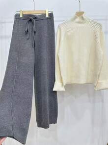 SHEIN Unity 2 件套女式杏色罗纹针织毛衣套装，长袖浅奶油色套头衫和裤子休闲简约装 - 彩色 - 查看 5