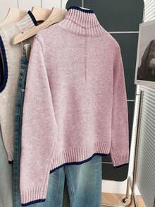 Franclia French Retro Loose High Neck Long Sleeve Contrast Trim Knit Pullover Sweater For Women, Autumn/Winter - Pink - View 2