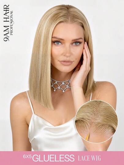 Peluca de cabello humano rubio con mechas de color caqui, estilo bob liso y sedoso de 6x5 pulgadas - Peluca con encaje sin pegamento, de 10-12 pulgadas de largo, con nudos diminutos y cierre de encaje transparente, aspecto natural - Sin necesidad de pegamento, cómoda todo el día para uso diario, ideal para Halloween, fiestas, viajes, festivales y bailes