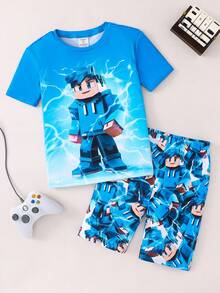 SHEIN Bộ đồ ngủ 2 món cổ tròn tay ngắn rộng rãi thoải mái in họa tiết cho bé trai/trẻ vị thành niên (áo sơ mi và quần short) - Màu xanh lam - Xem 5