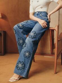 Anewsta Women's Elegant Romantic Floral Embroidered Pearl Rhinestone Straight Leg Jeans, Spring/Summer - Dark Wash - View 1