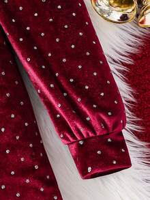 SHEIN Young Girl Christmas Velvet Sequin Glitter Effect Tight Knit Long Sleeve Dress,Burgundy,Autumn,Christening,Ruched Elegant Dress For Ball Party - Burgundy - View 7