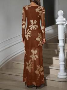 Aveloria 笔触花卉印花网纱性感修身长袖连衣裙，女士优雅连衣裙