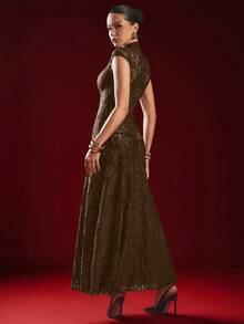 Hauture Lace Mesh Cut Out High Slit Maxi Dress – Sexy, Halloween, Night Out, Party - Khaki - View 5
