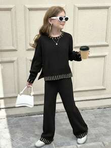 SHEIN 少女休闲时尚百搭撞色滚边套头毛衣和宽松针织裤套装，适合周末、休闲外出、返校、万圣节、圣诞节等秋冬季穿着。 - 黑色 - 查看 4