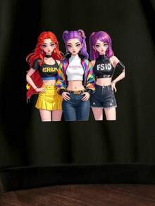 Young Girls' Christmas Cartoon Girl Group Graphic Comfortable Print Long Sleeve Sweatshirt, Suitable For Autumn/Winter, Lightweight And Cozy, Great For Layering In Fall, Fashionable Casual Wear, Graphic Design, Back To School Season, Autumn, Back To School Party, Suitable For Outdoor Picnic, Street Photography, Home, Campus, Holidays, Gift - Black - View 4