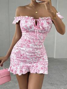 Mistrie Women's Retro Style Floral Print Off Shoulder Ruched Hem Dress - Pink - View 1