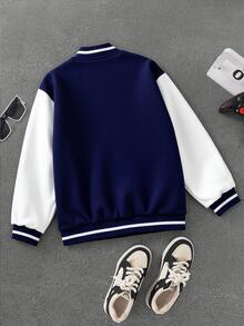 SHEIN Coolqubz Boys' Casual College Style Printed Baseball Jacket, Suitable For Leisure, Sports, And School Wear - Navy Blue - View 2