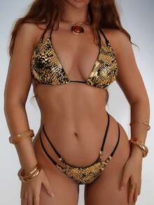 Swim Vcay 2件套黑色金箔面料性感侧环链系带比基尼套装，2026春夏款 - 彩色 - 查看 5