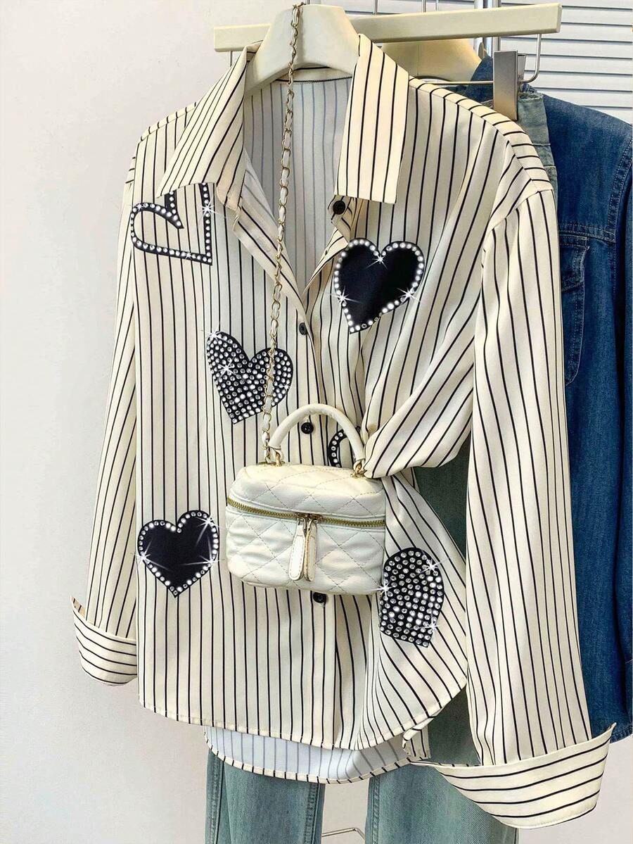 Resyla Áo sơ mi sọc in hình trái tim mới dành cho nữ, trang phục xuân/thu - Nhiều màu - Xem 1