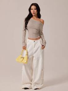 SHEIN PETITE Women's Contrast Stripe Oblique Shoulder Long Sleeve T-Shirt,Autumn Women's Clothing, Winter Women's Clothing, Apricot Striped Women's Tops, Going Out Tops, Striped Off-The-Shoulder Tops, Women's Casual Tops, Long-Sleeved T-Shirts, Off The Shoulder Long Sleeve Off The Shoulder Top Tops For Women Sexy Boat Neck Top - Multicolor - View 3