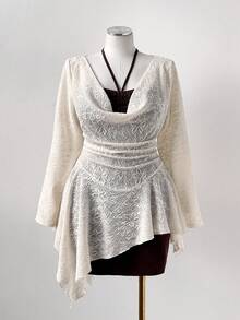 Sunspun 休闲优雅性感简约提花3D花卉垂褶领口不对称荷叶边下摆系带蝴蝶结修身咖啡棕色连衣裙，适合约会和聚会，女士两件套 - 彩色 - 查看 4