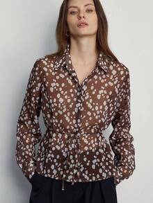 Aveloria Modichic Áo sơ mi chấm bi xanh ngẫu nhiên, thiết kế cổ áo cổ điển, dây rút ở eo để điều chỉnh vừa vặn, phù hợp với nhiều dịp - màu nâu - Xem 4