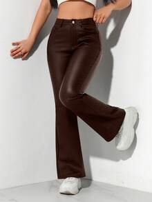 SHEIN PETITE Quần ống loe màu trơn đơn giản dành cho nữ - Màu nâu Sô-cô-la - Xem 1