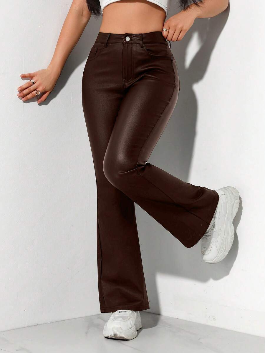 SHEIN PETITE Quần ống loe màu trơn đơn giản dành cho nữ - Màu nâu Sô-cô-la - Xem 1