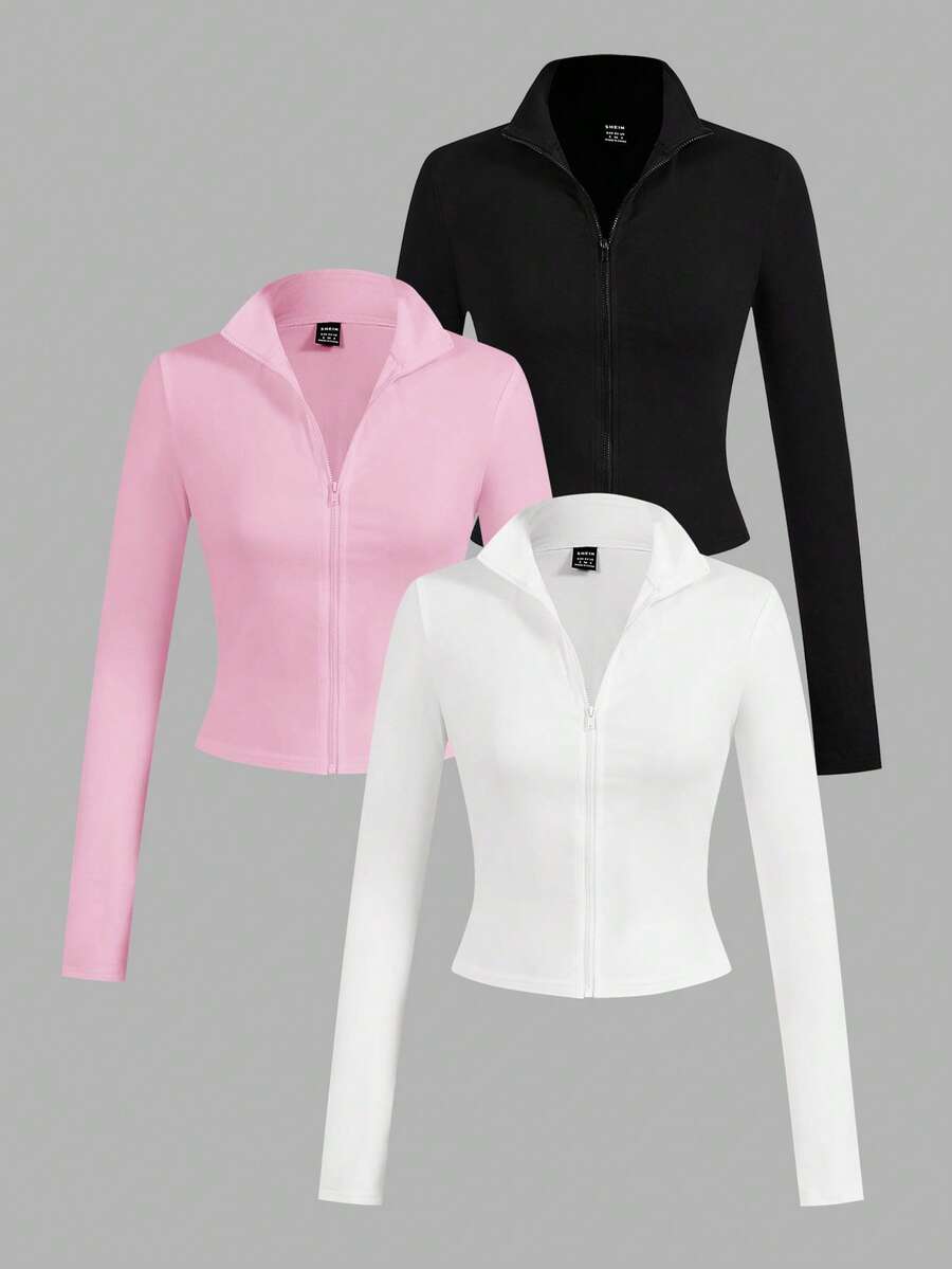 SHEIN EZwear Bộ 3 áo thun dài tay có khóa kéo màu trắng, đen, hồng, phong cách tối giản thường ngày dành cho nữ. - Nhiều màu - Xem 1