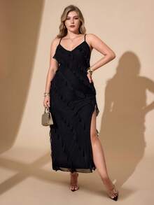 Hourglow Robe camisole à volants multicouches avec fente sur le côté pour femmes de grande taille, couleur unie, , pour silhouette en sablier et en forme d'heure de sablier, 2026 Nouvel An - Noir - Voir 3