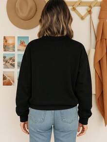 Mujer casual estampado París con detalle brillante ajuste holgado cuello redondo manga larga otoño invierno para salidas sudadera - Negro - Ver 3