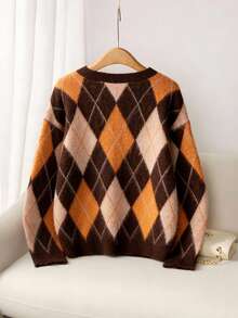 SHEIN Tall CURVE Autumn/Winter New Casual Retro Chic Diamond Pattern Textured Oversized Crew Neck Drop Shoulder Long Sleeve Women Pullover Sweater - Multicolor - View 2