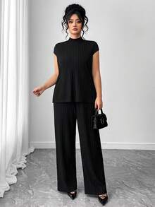 Elenzga Women's Plus-Size Two Pieces Casual Solid Color Knitted Ribbed High-Neck Top With Side Slits And Loose Casual Trousers - Black - View 5