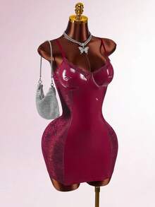 Amplova Váy mini bodycon PU cho nữ có ren tương phản, gợi cảm và tiên phong, màu đỏ rượu vang, thích hợp cho ngày lễ tình nhân, năm mới, trang phục sinh nhật - Màu Đỏ Sâu - Xem 5