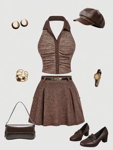 SHEIN MOD 女士夏季棕色修身Polo领褶皱上衣，适合度假、休闲、夏季穿着的女士假日服装 - 彩色 - 查看 2