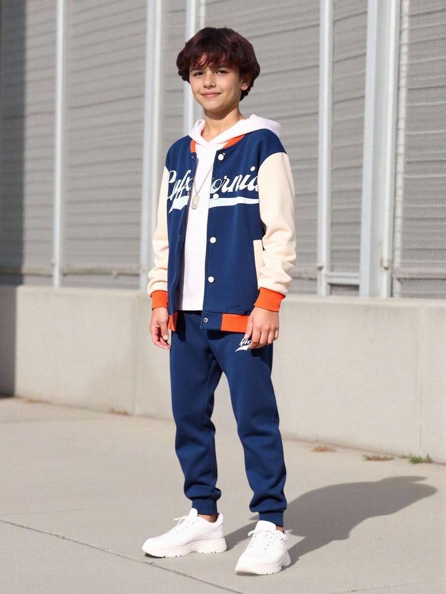 SHEIN Vacaura Boys' Blue Letter Print Baseball Jacket And Blue Sweatpants Casual Outfit - Blue - View 1