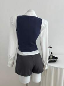 SHEIN Unity 女士秋季两件套服装，长袖背心和带蝴蝶结及荷叶边下摆的衬衫 - 藏蓝色 - 查看 2