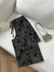 SHEIN Unity 1 件女士灰色休闲通勤纹理面料印花抽绳松紧腰口袋简约裤，时尚 - 灰色 - 查看 5