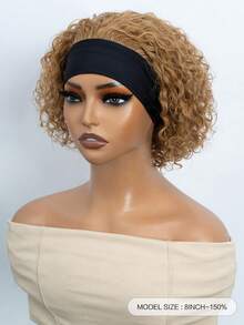 Peluca corta de pixie con diadema, peluca media de cabello humano rizado, peluca de corte pixie de onda de agua rubia miel, fácil de usar para principiantes - S27 - Ver 4