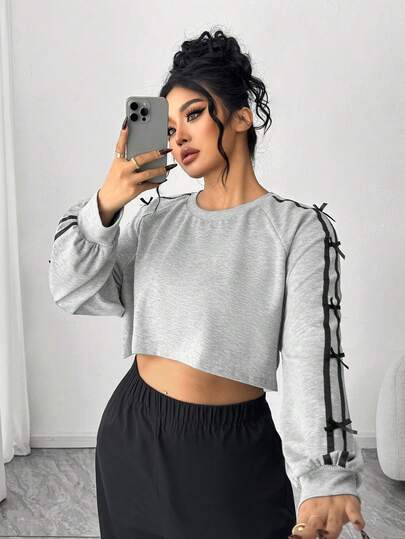 Elenzga Plus Size Casual Cropped Crew Neck Sweatshirt With Bow Decor