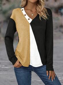 SHEIN LUNE Colorblock Button Detail Drop Shoulder Tee Graphic Tees Women Tops - Yellow - View 6